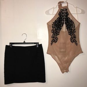 Sheer Blush Bodysuit & Black textured mini skirt